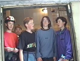 Richard Sudworth, Ben Collins and Matthew Pryer board the train for Wigan - snapshot from surviving master footage